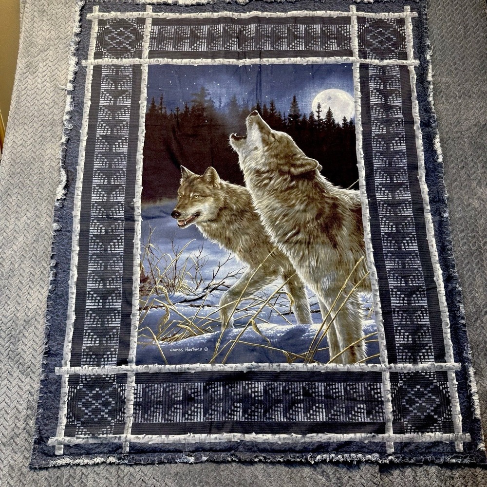 Handmade Denim Quilt Wall Hanging James Hautman Wolves Upcycled Jeans Folk Art